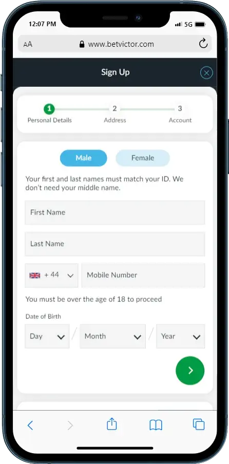 Registration at Betvictor casino mobile app